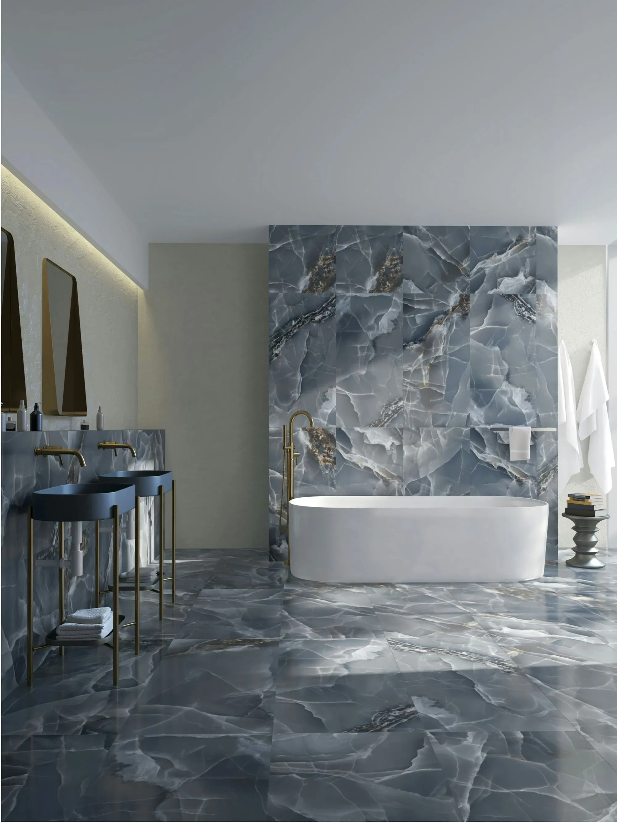 The finished bath with full height marble on the wet wall and floor
